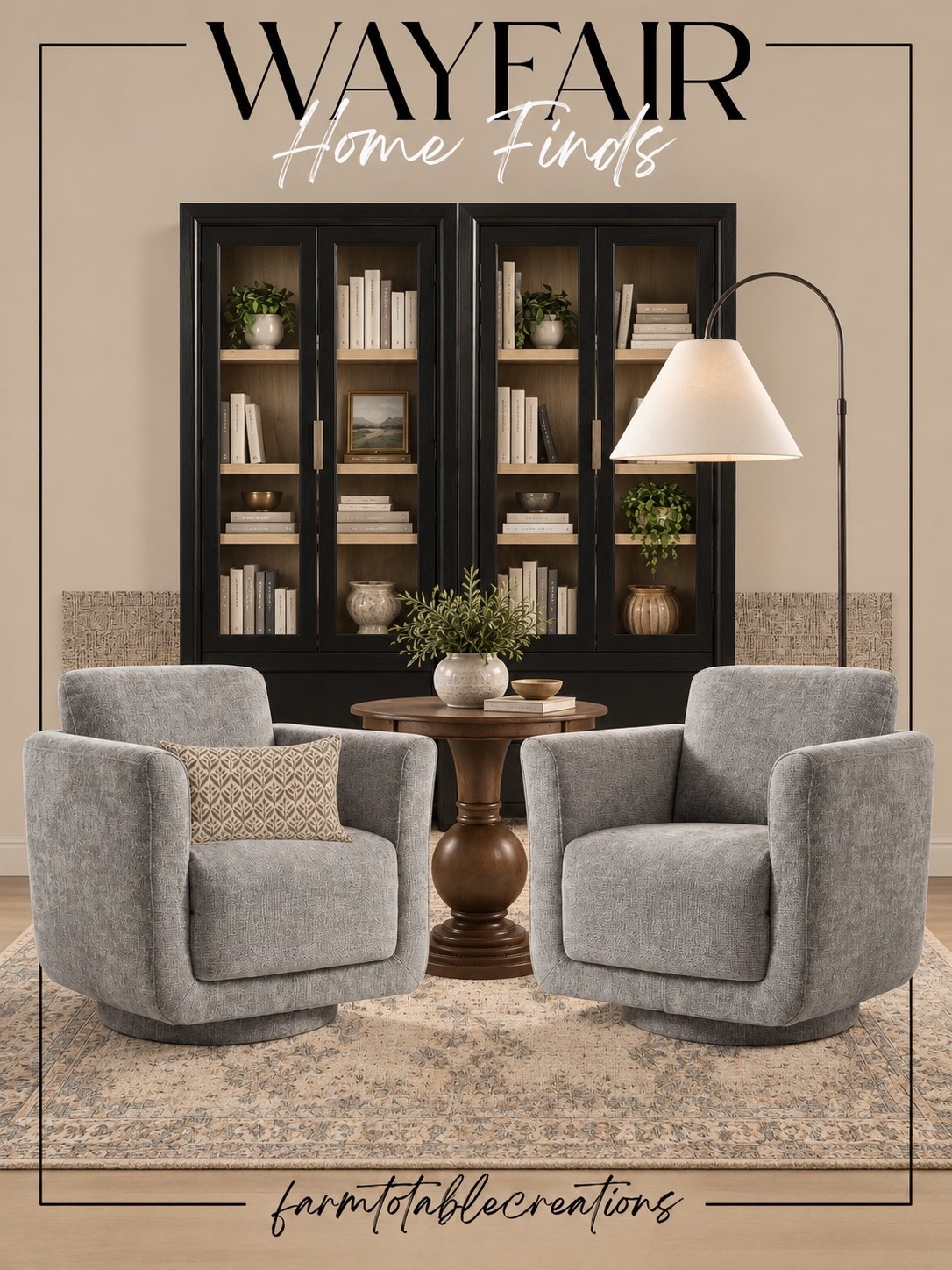 Wayfair Cozy Reading Nook Finds 🤎

Create the coziest little corner with these gorgeous Wayfair finds! The oversized swivel chairs paired with a warm wood accent table, vintage-inspired rug, and dramatic black bookcases give this space such an elevated, collected feel.

The arched floor lamp adds warmth and height, while simple greenery, neutral books, and textured accents make the entire look feel cozy without being cluttered. I love this setup for a reading nook, sitting room, or an unused corner that needs a little personality!

Follow @farmtotablecreations on Instagram for more cozy home finds and trending decor.

#LTKHome #Wayfair #WayfairFinds #WayfairHome #WayfairStyle #ReadingNook #CozyHome #LivingRoomInspo #HomeDecor #NeutralHome #WarmNeutrals #DesignerInspired #CozyDecor #HomeInspo #LTKFinds

#LTKHome #LTKSaleAlert