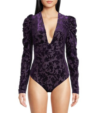 Magic Hour Velvet Deep V-Neck Puffed Sleeve Bodysuit | Dillard's