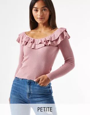 Miss Selfridge Petite pointelle off-the-shoulder sweater in pale pink | ASOS (Global)