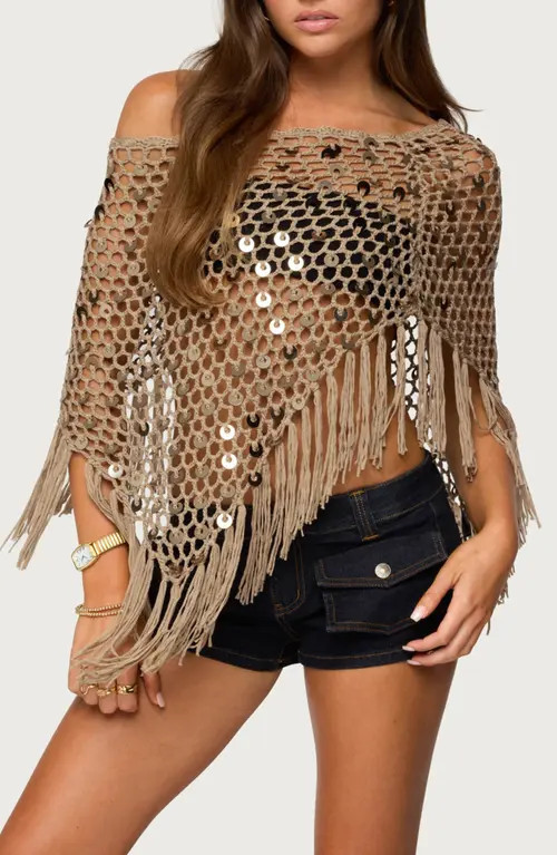 EDIKTED Open Stitch Sequin Fringe Poncho in Tan at Nordstrom, Size Large | Nordstrom