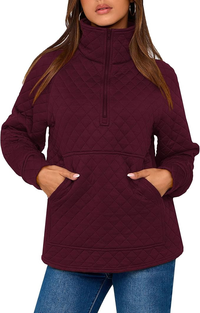 PRETTYGARDEN Women's Fall Quilted Sweatshirt Casual Quarter Zip Collared Long Sleeve V Neck Pullo... | Amazon (US)