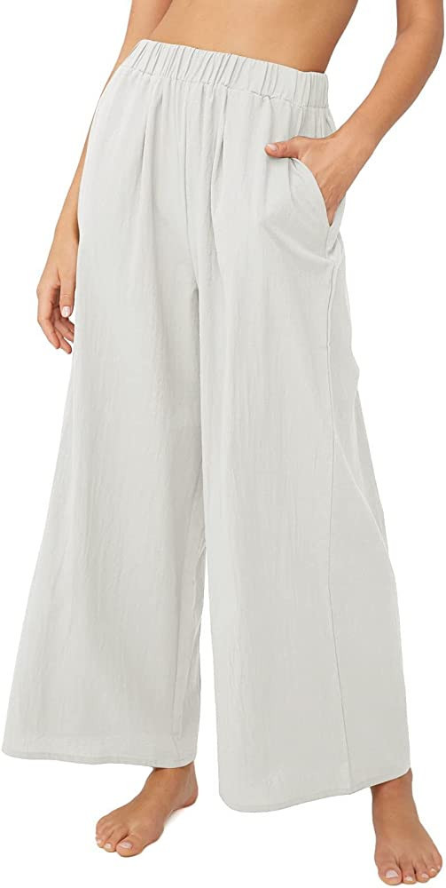 utcoco Women's Cotton Linen Wide Leg Pants Casual Loose Stretchy High Waisted Pants Trouses | Amazon (US)