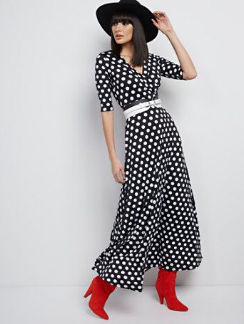 NY&Co Women's Dot-Print Wrap Maxi Dress Black | Size Large | Spandex/Polyester | New York & Company
