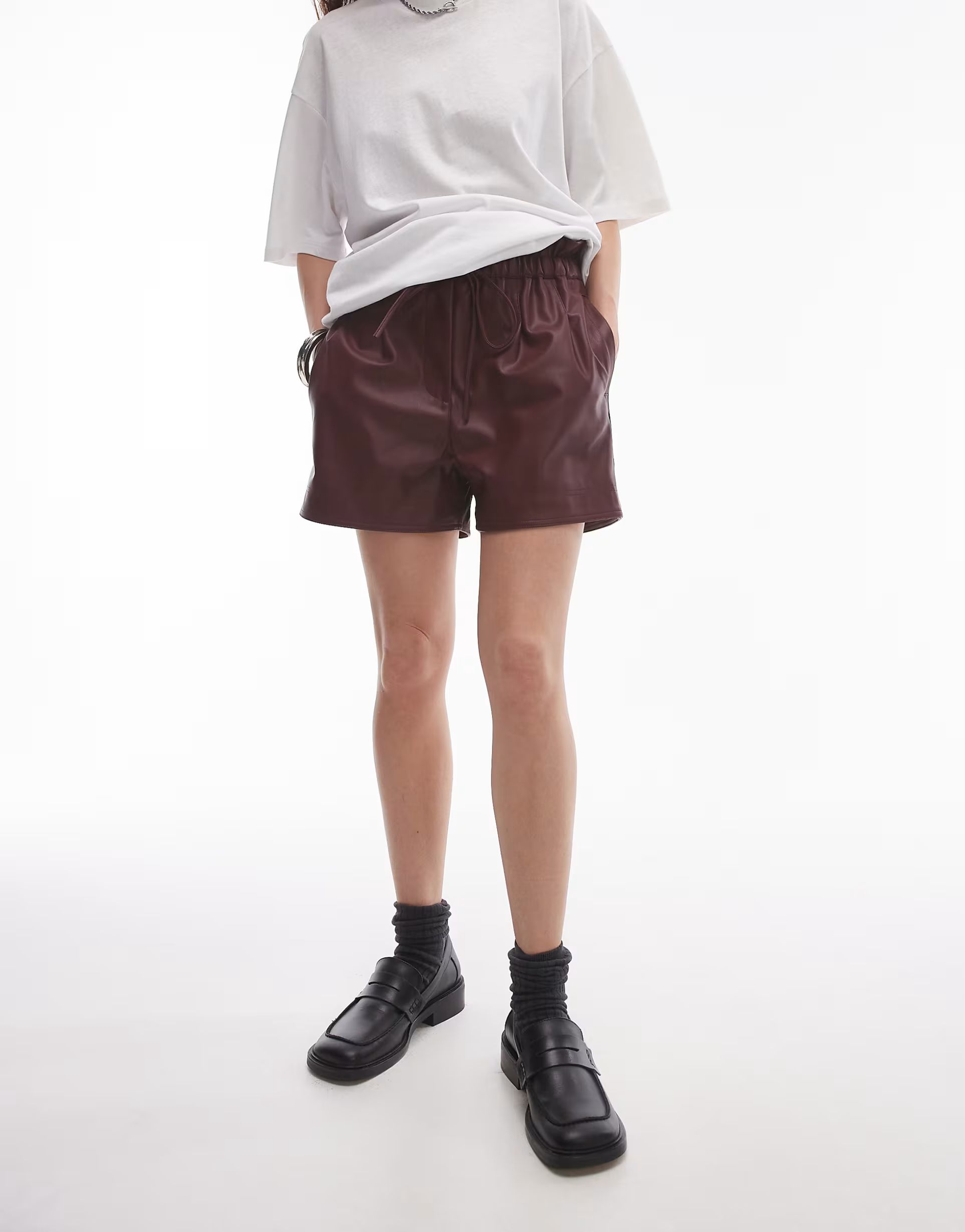 Topshop faux leather paperbag short in oxblood | ASOS (Global)