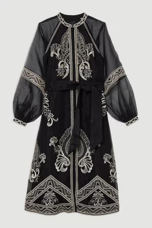 Embroidered Organdie Balloon Sleeve Woven Maxi Dress | Karen Millen US