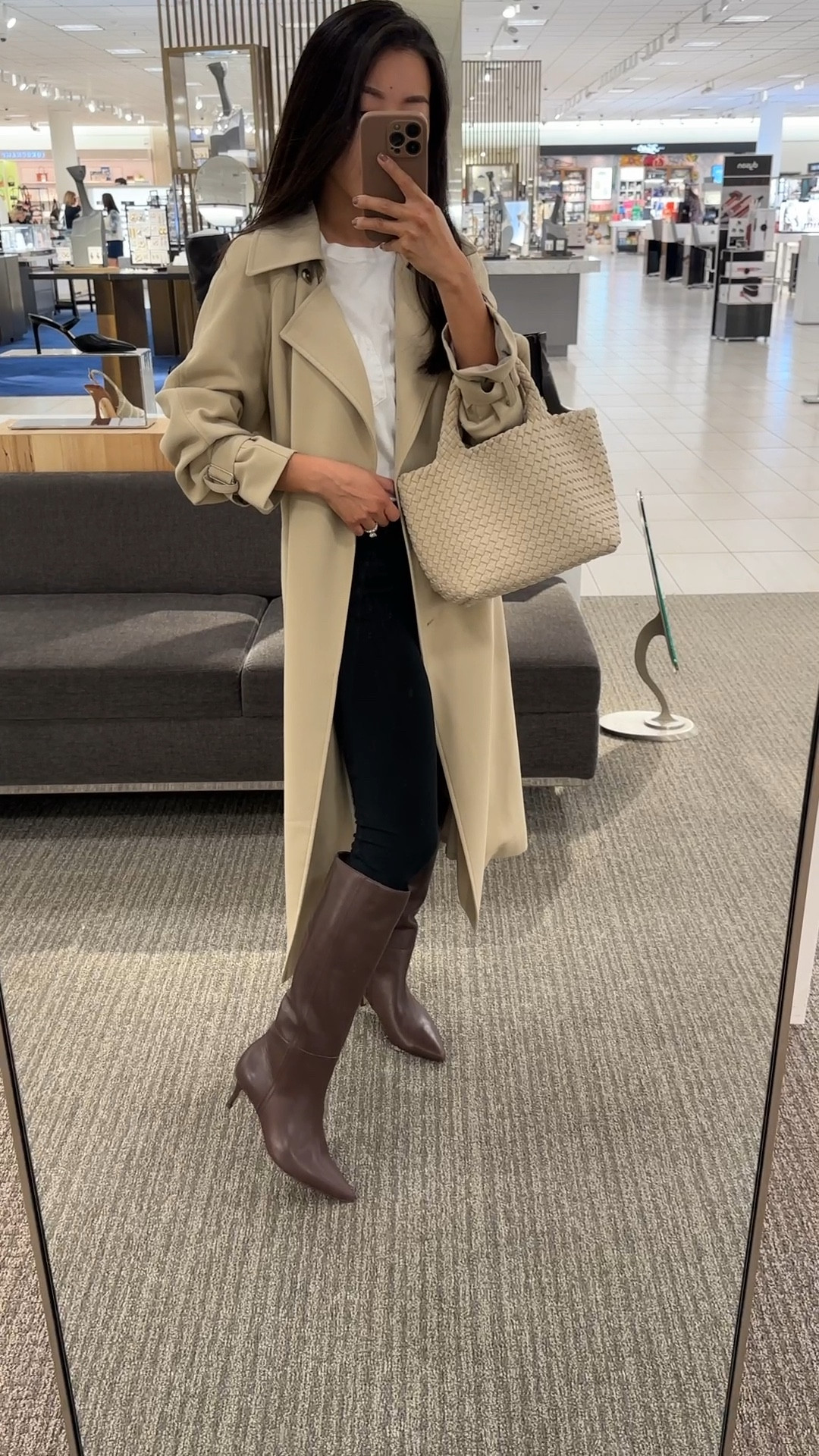 Fall Boot shopping. See below for a discount code on my trench 

• Nordstrom leather kitten heel boots sz 5.5. These had caught my eye right away online. beautiful leather style, brown color, and chic low little heel. Also comes in wide calf.

fYI, note that boot calf width and height will increase as the shoe size goes up  

These are a soft, slightly slouchier leather, looser on me at the calf (I have very narrow 12.5” circumference wide calves, for fit reference) . 

But they do hit below my knees so are petite friendly , if you don’t have narrow calves. 

The Sam Edelman pair linked was slightly taller at the shaft and slightly narrower at the calf than this pair. 

•Oak + Fort trench xxs in beige - very oversized / loose fit (runs big), hits past midi length on me and sleeves are a little long but the wrist cinch helps! Love the drape 

Code JEANTRENCH for 20% off only on this trench (in all colors!)

•Everlane tee xs, I size up for a casual fit

•Zella 7/8 leggings xxs

•Naghedi small tote in ecru

#LTKSeasonal #LTKShoeCrush #LTKItBag