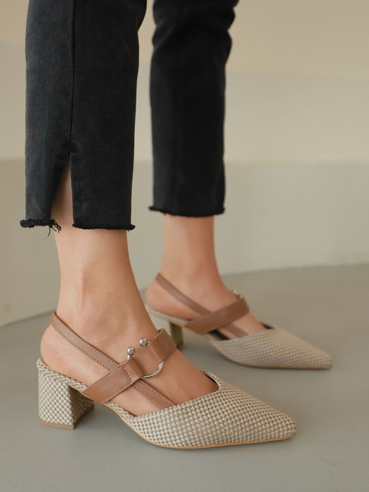 Metal Decor Point Toe Chunky Heeled Slingback Pumps | SHEIN