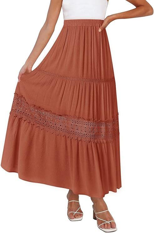 MEROKEETY Women's Boho Elastic High Waist Pleated A-line Ruffle Lace Trim Tiered Midi Maxi Skirt ... | Amazon (CA)
