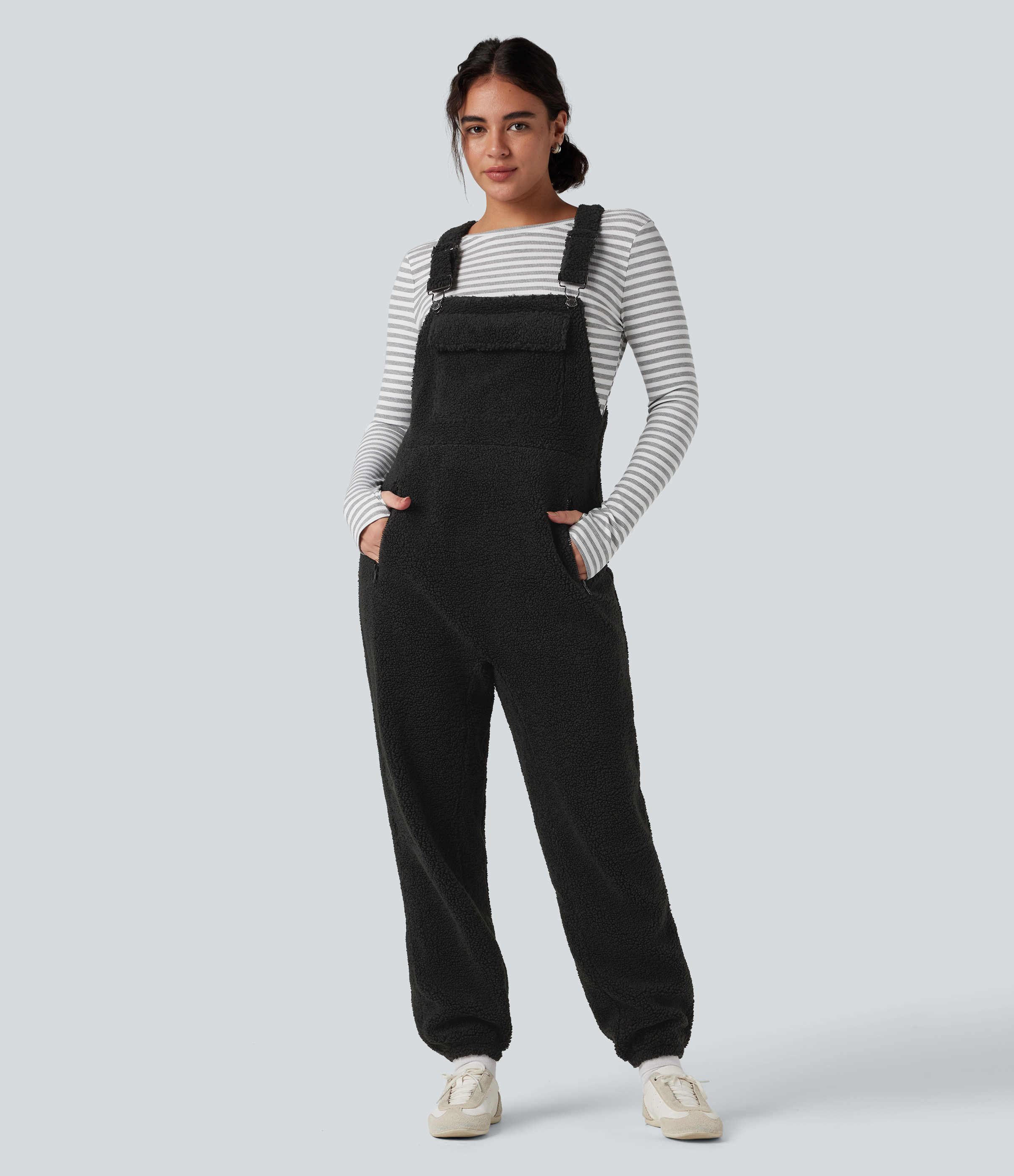 Halara Casual Sherpa Jogger Overalls with Pockets - Black - M(regular) | HALARA
