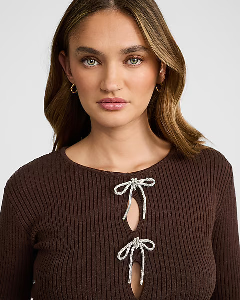 Ribbed Crew Neck Rhinestone Bow Cutaway Sweater | Express