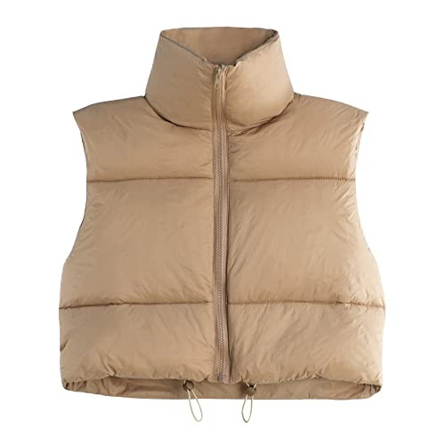 Century Star Khaki Puffer Vest Women Girls - Cropped Fall Winter Outerwear Puffy 2025 Quilted Top Jacket Coat Gilet Sleeveless Zip X-Large | Amazon (US)