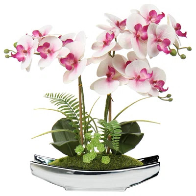 Orchids Artificial Flowers 15" Phalaenopsis Orchid With Silver Pots Real Touch Faux Orchid Plant,White | Wayfair North America