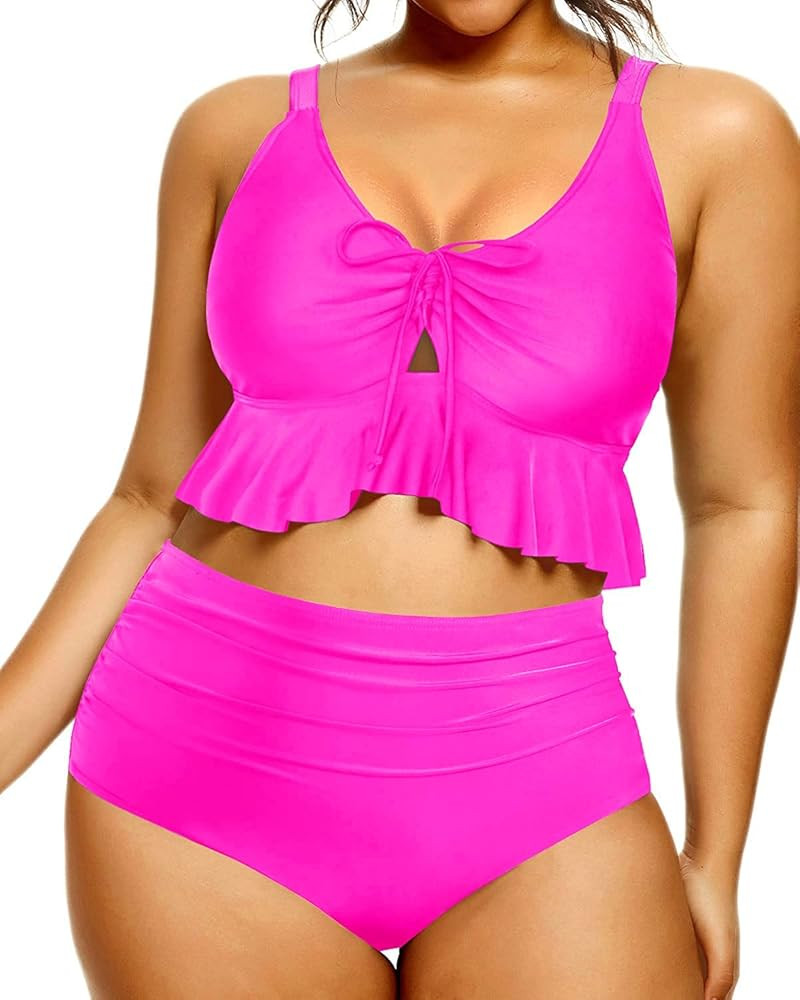 Daci Women Plus Size Two Piece Swimsuits High Waisted Bikini Set Ruffle Flounce Tummy Control Bat... | Amazon (US)