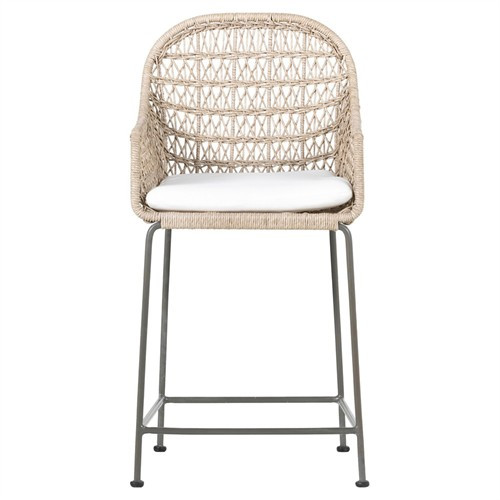 Elena Coastal Beach White Cushion Beige Wicker Iron Frame Outdoor Counter Stool | Kathy Kuo Home