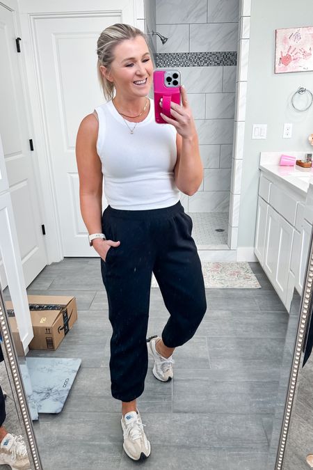 Currently wearing this elevated athleisure look. Obsessed with the neoknit joggers from Abercrombie. Can’t get enough of them. They’re not a sweatpants material, they’re better! Ribbed tank is a wardrobe staple. 

Tank- sized up to a medium
Joggers- small short

#LTKfindsunder100 #LTKfindsunder50 #LTKsalealert