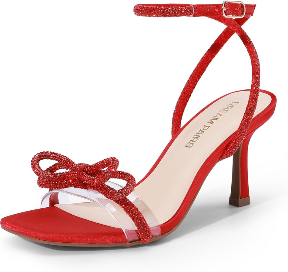 DREAM PAIRS Women's Double Bowknots Heels Open Square Toe Ankle Strap Crystal Rhinestone Dress Sa... | Amazon (US)