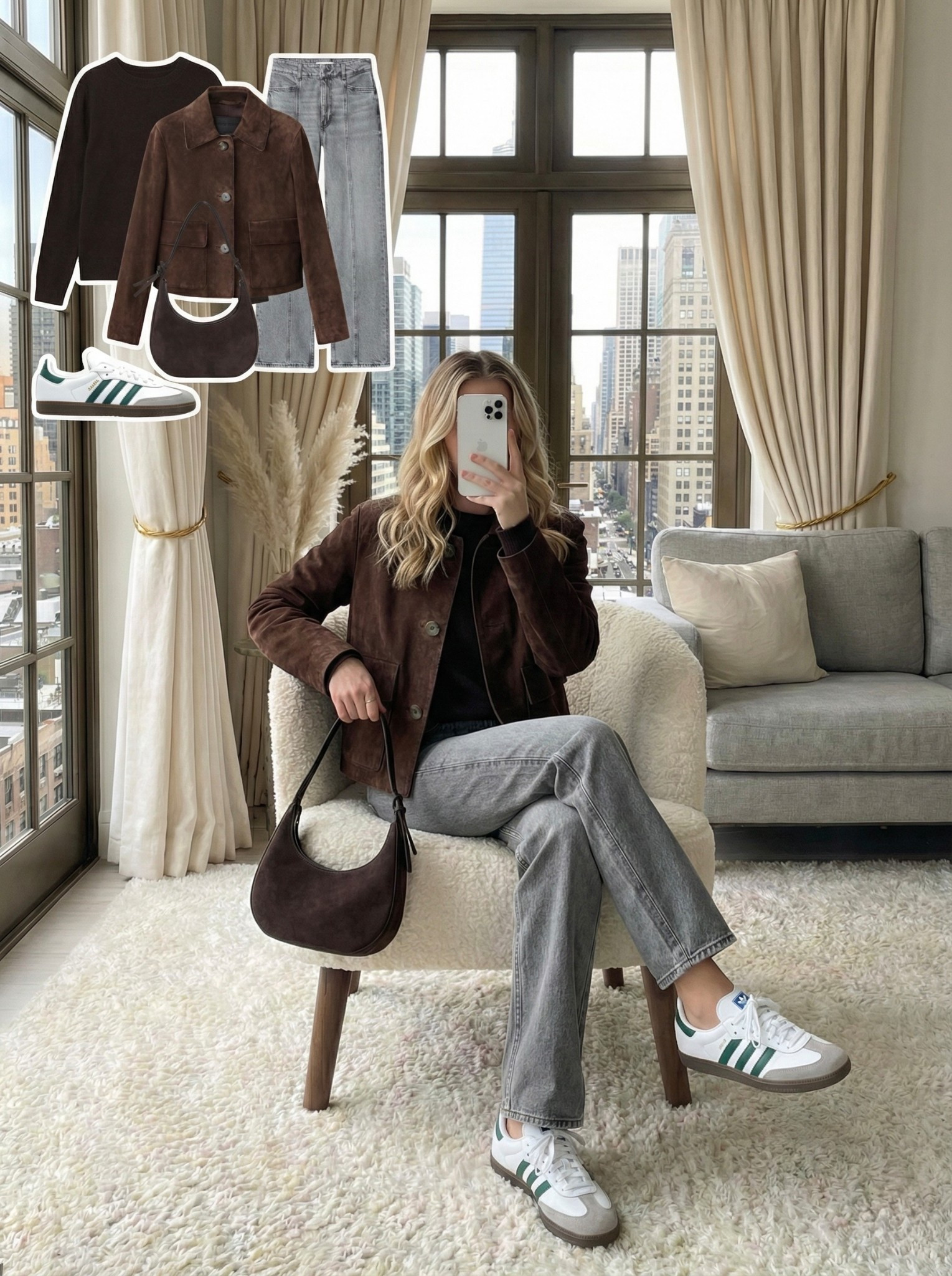 Chocolate brown suede jacket and Samba sneakers outfit 🤎👟

The ultimate casual street style look. Styling a trending chocolate brown suede jacket with a matching knit sweater for a cool monochromatic vibe. Paired with grey jeans with seam detailing and the "it" girl sneakers of the season—Adidas Sambas.

Style Details:
• Brown suede button-down jacket
• Dark brown crewneck sweater
• Grey straight-leg jeans (Seam detail)
• Adidas Samba sneakers (White and green)
• Chocolate brown shoulder bag

Recreate this trendy weekend look with the similar styles linked below!

Are you still obsessed with Sambas or onto the next sneaker trend? 👇

#LTKshoecrush #LTKStyletip #LTKunder100

#LTKHoliday #LTKootd #LTKgrwm