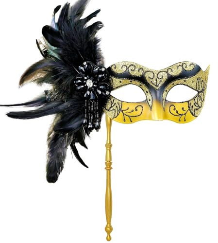 MYSEUNI 2025 New Black and Gold Masquerade Mask with Stick - Shiny Women's Feather Gold Mardi Gras Mask for Halloween Parties, Carnival, Cosplay Prom, Christmas, Wedding, Bar, Costume Accessory | Amazon (US)
