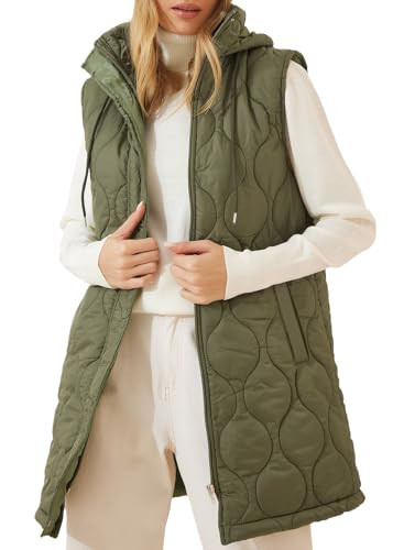 EVALESS Long Puffer Vest Women Sleeveless Hooded Puffer Jacket Casual Lightweight Quilted Jackets 2025 Fall Winter Warm Zip Up Coat Outerwear with Pockets Guacamole Green Small | Amazon (US)