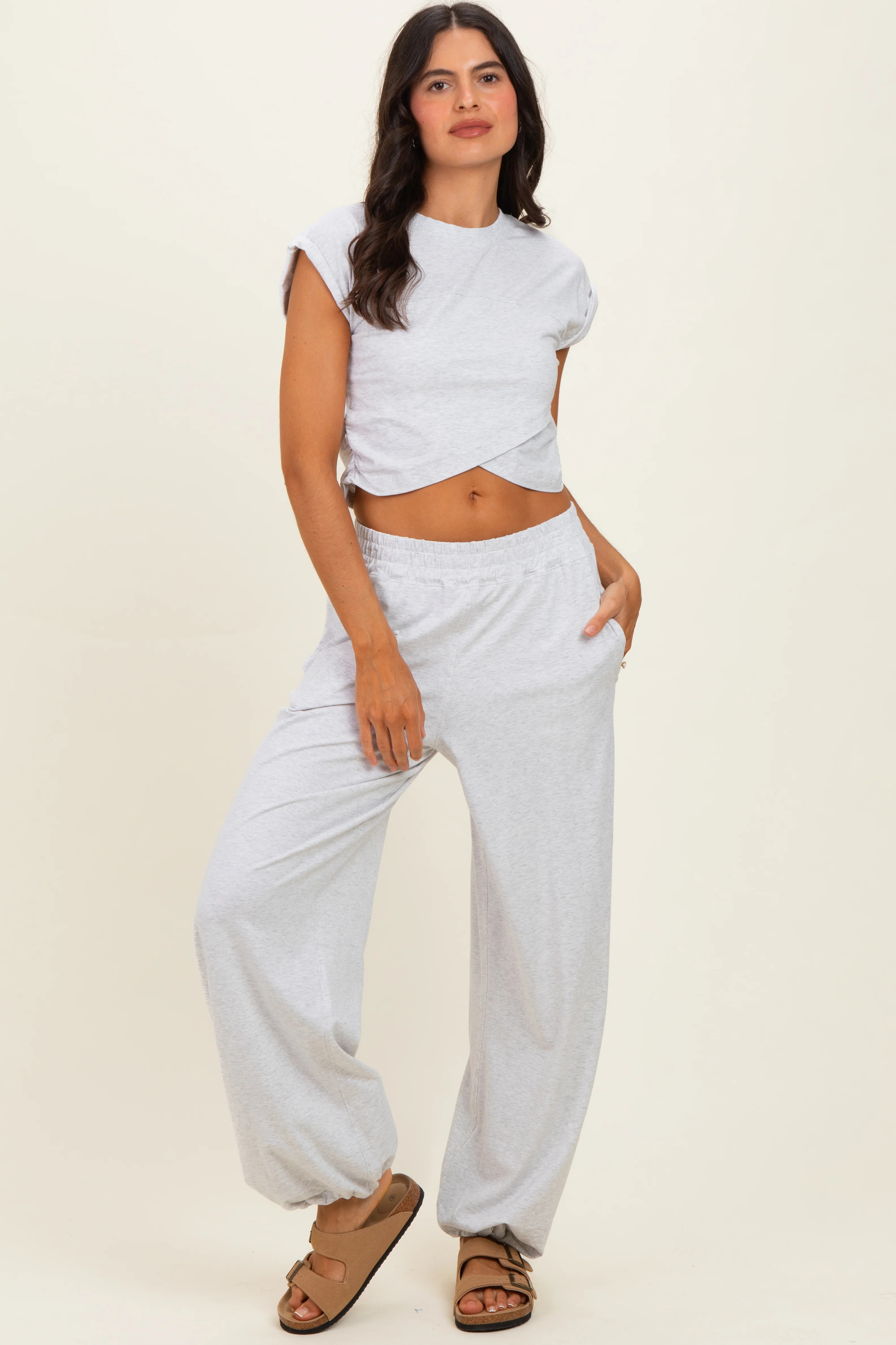 Light Heather Grey Cropped Tank Pant Set | PinkBlush Maternity