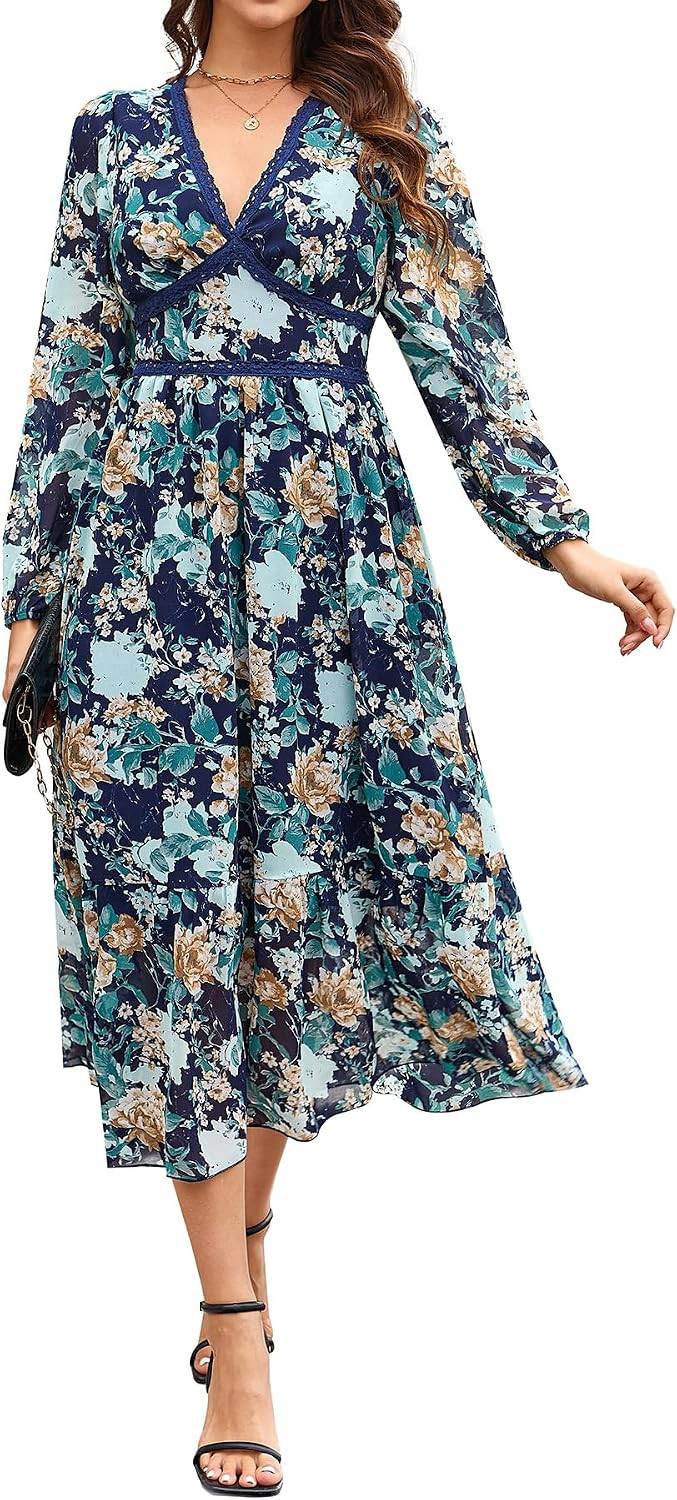 Women's Spring Wrap Maxi Dress Floral V Neck Long Sleeve Wedding Guest Party Casual Chiffon Dress | Amazon (US)
