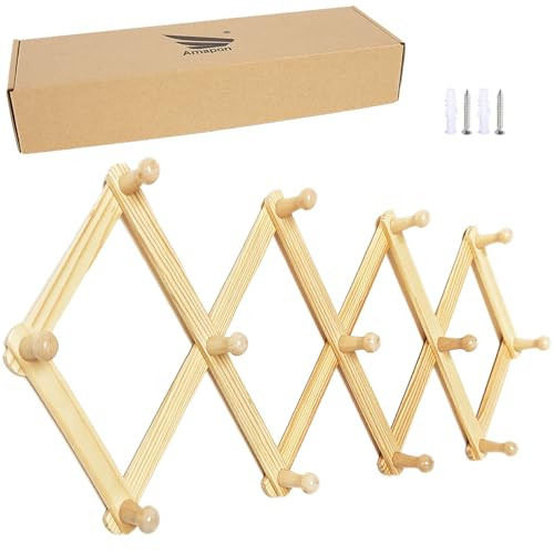 AMAPON Accordion Style Expandable Wall Wooden Coat Rack 13 Hooks (Pegs) Hang Hats Jackets Coffee Mug Purses Necklaces Towels Cap Leash Scarves Data Line Kitchenware | Amazon (US)