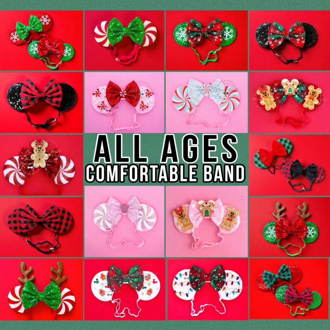 Christmas Minnie Ears, Christmas Minnie Ears with Elastic Headband, Mickey Ears, Christmas Ears, ... | Etsy (US)