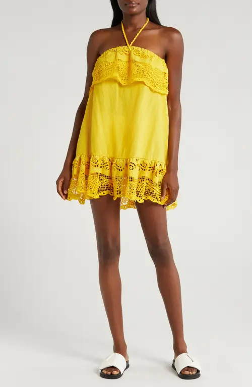 FARM Rio Guipure Lace Halter Linen Blend Cover-Up Minidress in Yellow at Nordstrom, Size Medium | Nordstrom