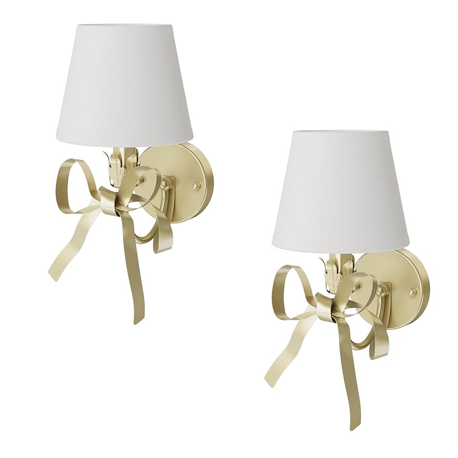 Gold Brass Sconces Wall Decor Set of 2, Bow Wall Scones Set of Two with Fabric Shades, Modern Bed... | Amazon (US)