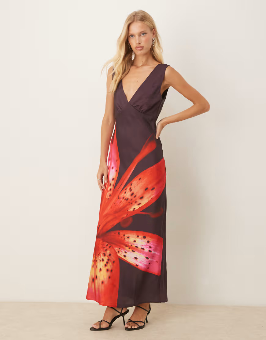 Abercrombie & Fitch occasion open back maxi dress in red flower print-Black | ASOS (Global)
