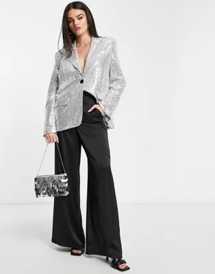 NA-KD x Josefine HJ oversized sequin blazer in silver - part of a set | ASOS (Global)