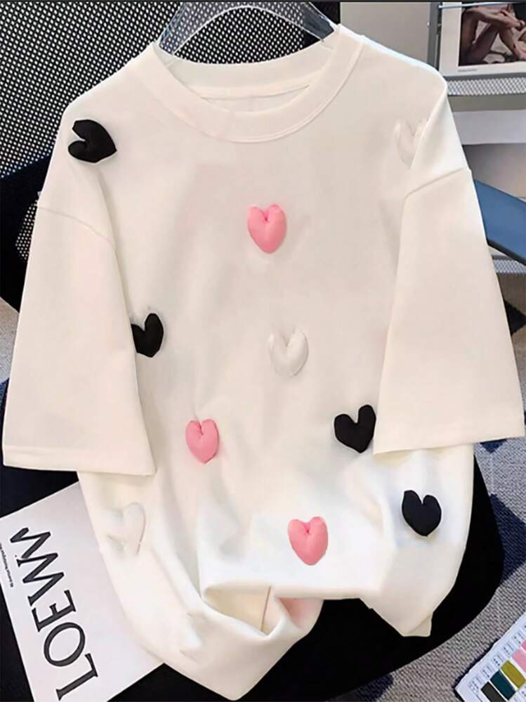 INAWLY Women's Casual Heart Embellished Round Neck Loose Fit Short Sleeve T-Shirt | SHEIN