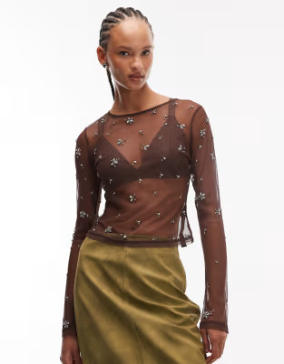 ASOS DESIGN - Top van doorschijnend mesh met verspreide versiering en lange mouwen in chocoladebr... | ASOS (Global)