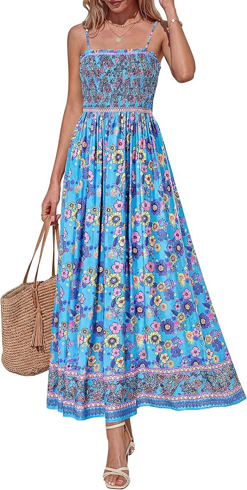 PRETTYGARDEN Womens Floral Maxi Dress Boho Casual 2026 Summer Spaghetti Strap Smocked Sleeveless ... | Amazon (US)