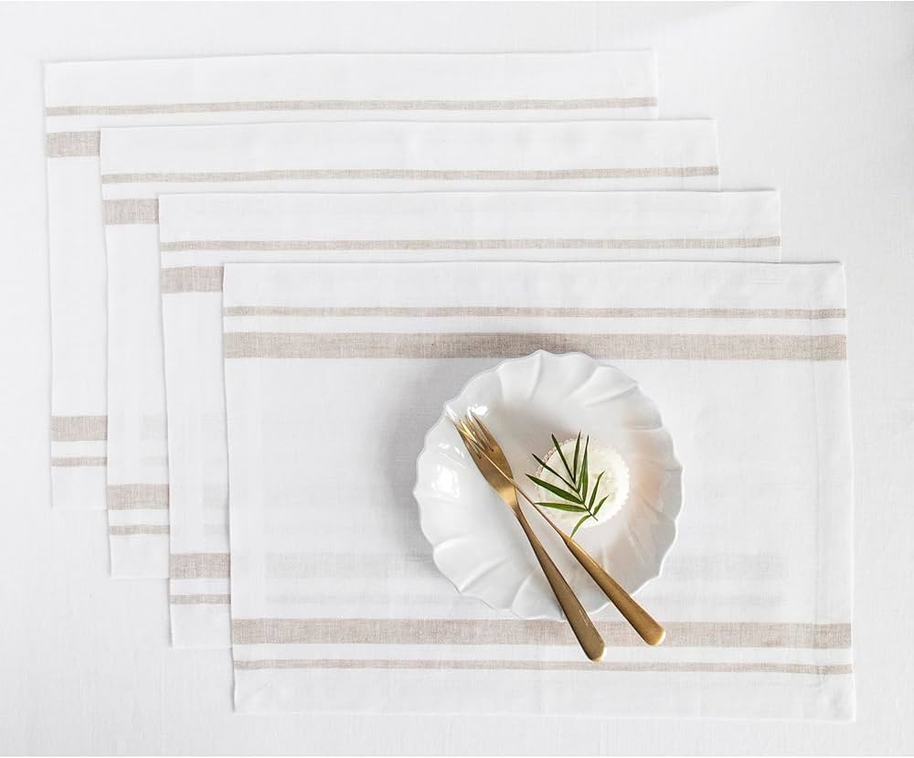 Solino Home French Stripe Linen Placemats 14 x 19 Inch – 100% Pure Linen Natural and White Plac... | Amazon (US)