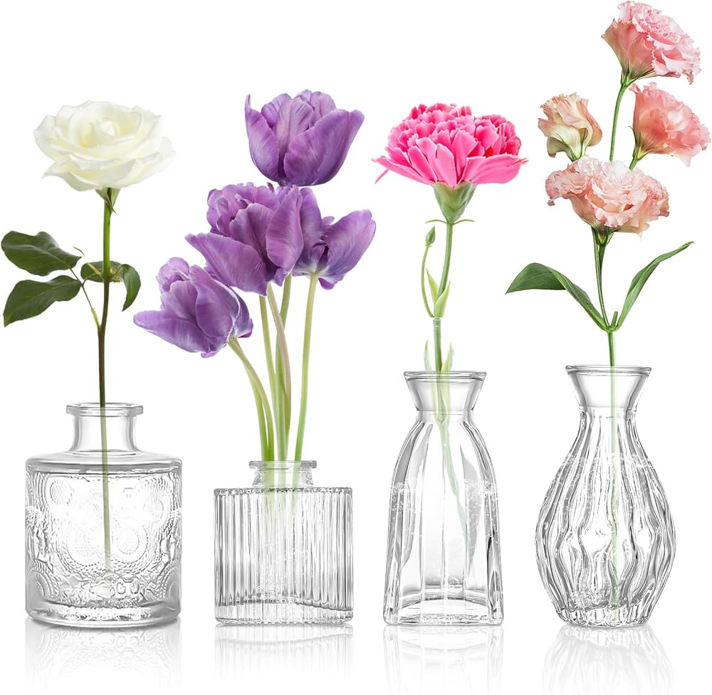 Glass Bud Vase Clear Bud Vases Set of 4 for Centerpieces, Vintage Glass Flower Vases in Bulk Suit... | Amazon (US)
