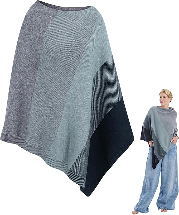 MissShorthair Knit Ponchos Wraps for Women Asymmetric Shawl Wrap Cowl Neck Striped Cape Top | Amazon (US)