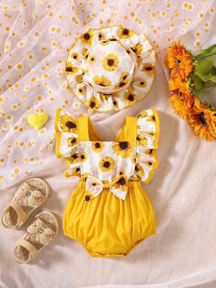 Baby Sunflower Print Ruffle Trim Bodysuit
       
              
              $5.15  
        $7... | SHEIN