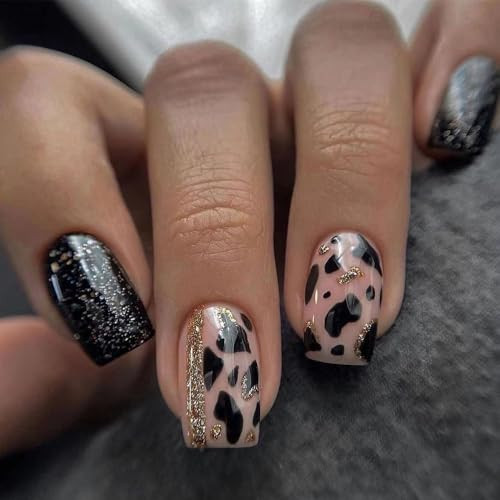 ANDGING Black Press on Nails Short Square Fake Nails with Glue Acrylic fake nails with Glitter Leopard Design Gel Manicure False Nails for Wedding Birthday stick on nail for Women 24Pcs KAM668 | Amazon (US)
