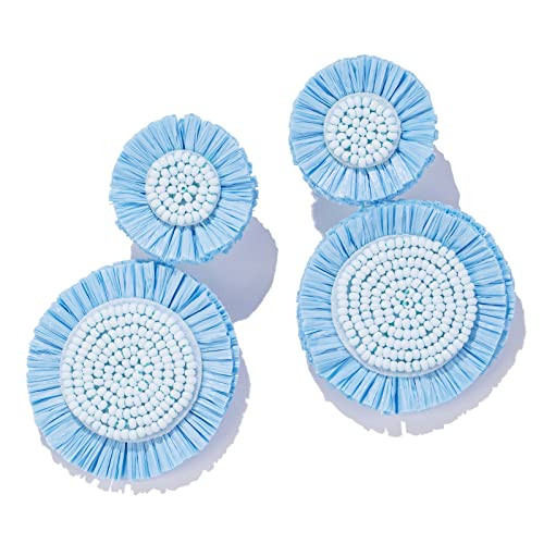 Boho Raffia Dangle Earrings Beaded - Handmade Tropical Flower Earrings for Summer Beach Vacation (BABY BLUE) | Amazon (US)
