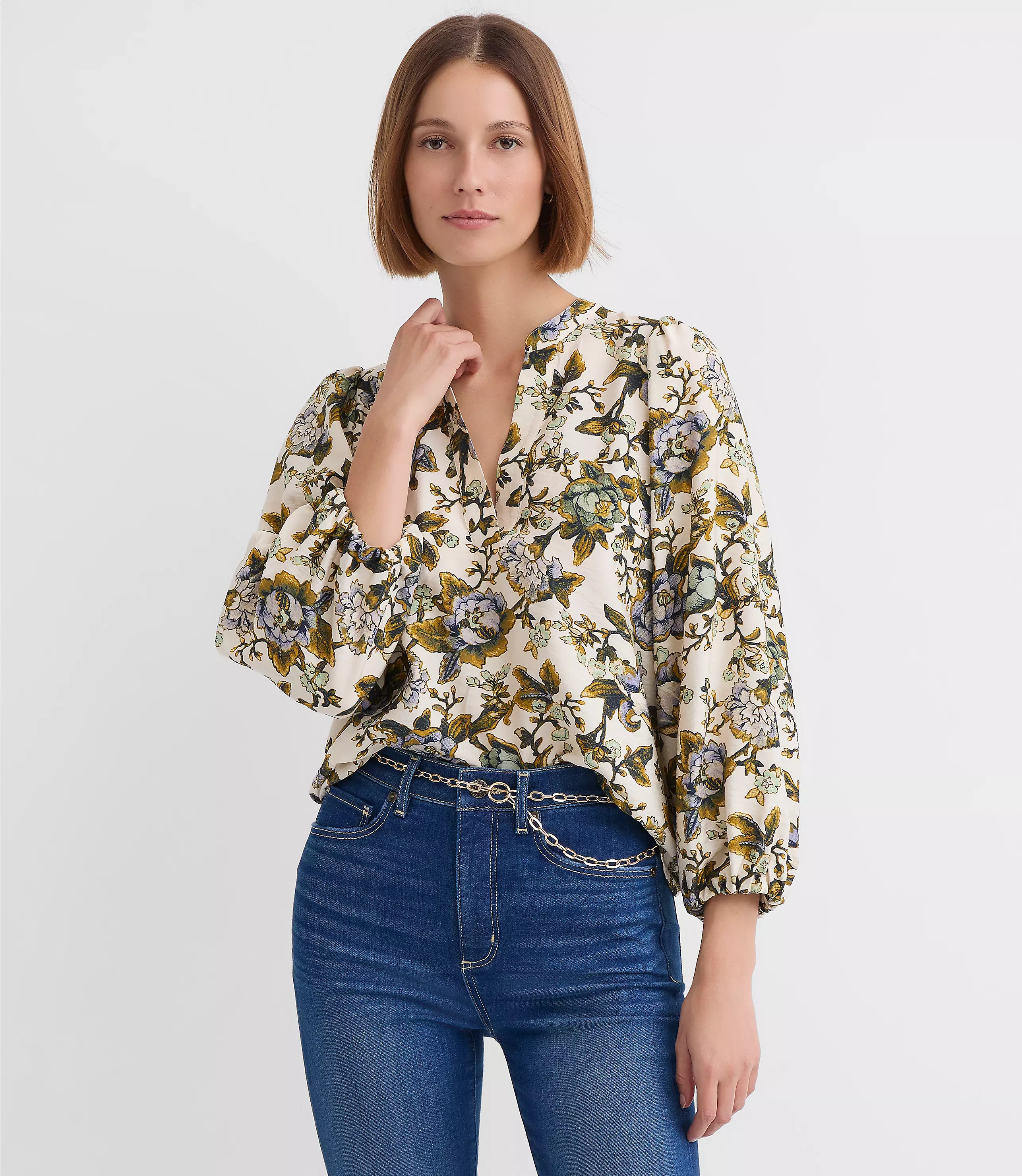 Floral Blouson Sleeve Split Neck Blouse | LOFT