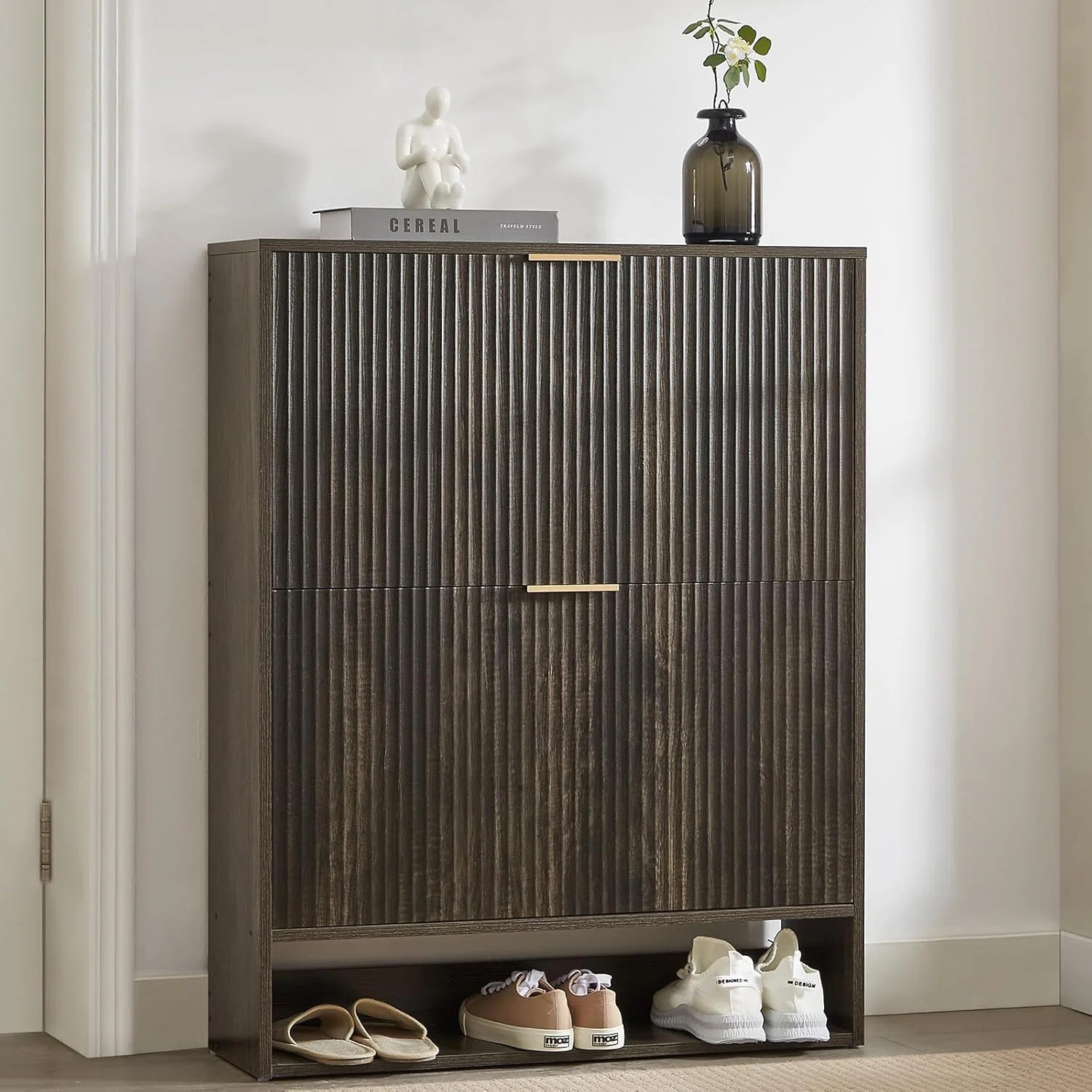 Latitude Run® 31.5''w Walnut Slim Shoe Cabinet, Fluted Hidden Shoe Storage Cabinet With 2 Flip D... | Wayfair North America