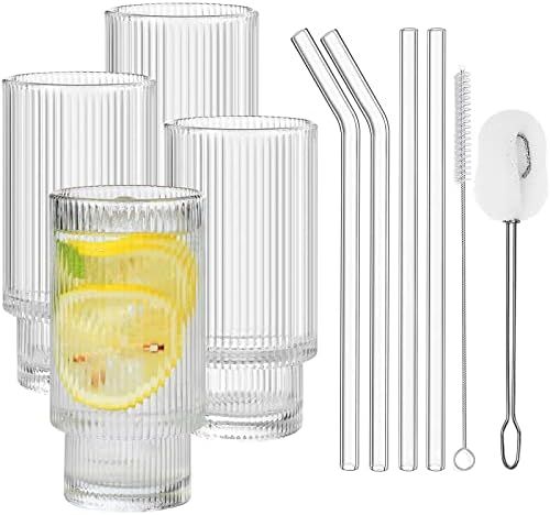 Amazon.com | ALINK Drinking Glasses with Glass Straws 4pcs Set, Vintage Ripple Iced Coffee Cups G... | Amazon (US)