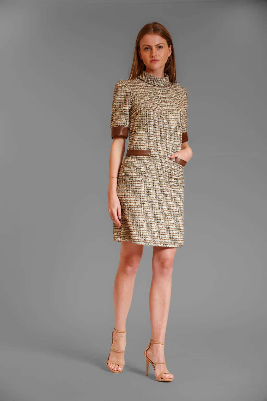 FAUX LEATHER DETAILING SHORT SLV DRESS | Julia Jordan