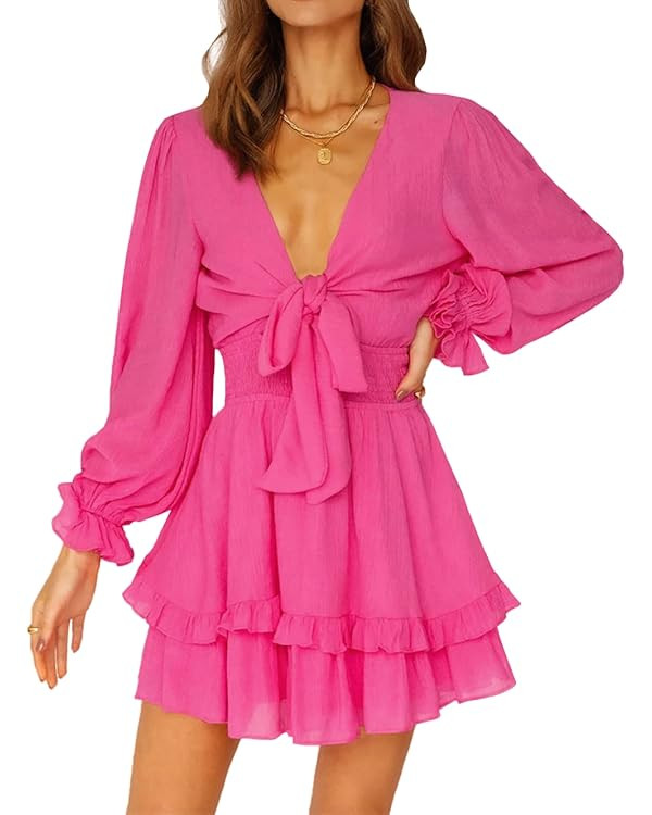 LYANER Women's Tie Front Plunge V Neck Ruffle Layer Long Sleeve Sexy Mini Dress | Amazon (US)