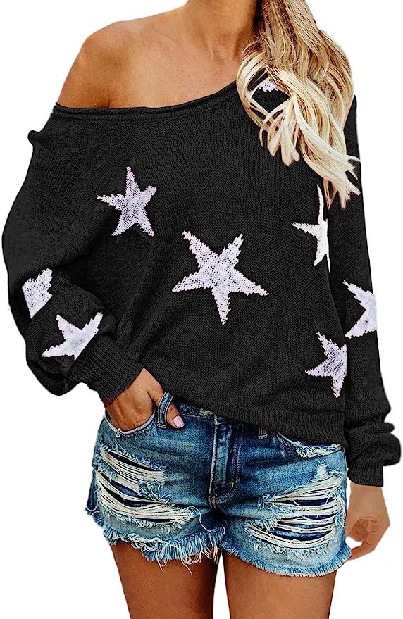 COCOLEGGINGS Women's Scoop Neck Long Sleeve Star Pullover Sweater Tunic Tops | Amazon (US)