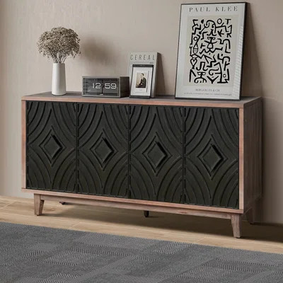 Mid Century Sideboard Buffet Cabinet With Solid Wood Legs 60" Kitchen Storage Cabinet Credenza With 4 Convex Pattern Diamond Doors And 2 Shelves Accen | Wayfair North America