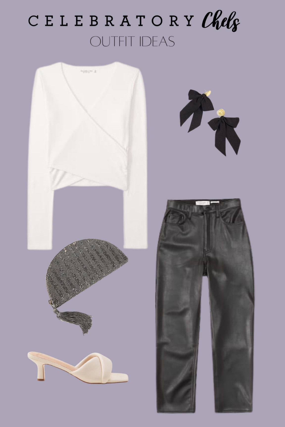 Satin bow statement earrings
Vegan leather pants
Beaded clutch
Holiday party outfit
Wrap top
Heels 
Gifts for her 

#LTKxAF #LTKHoliday #LTKGiftGuide