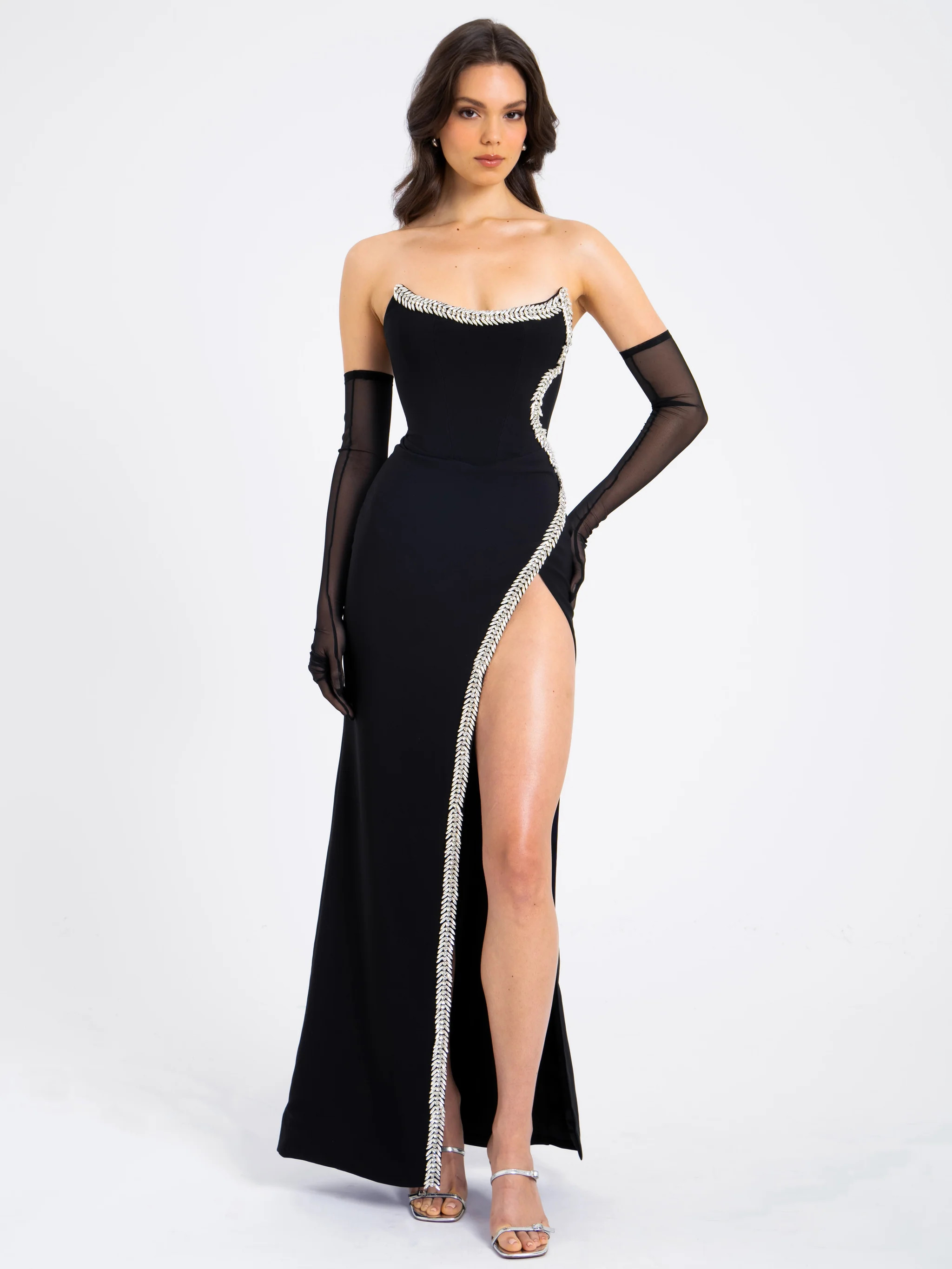 Xoana Black Crystal Embellished High Slit Gown | Miss Circle