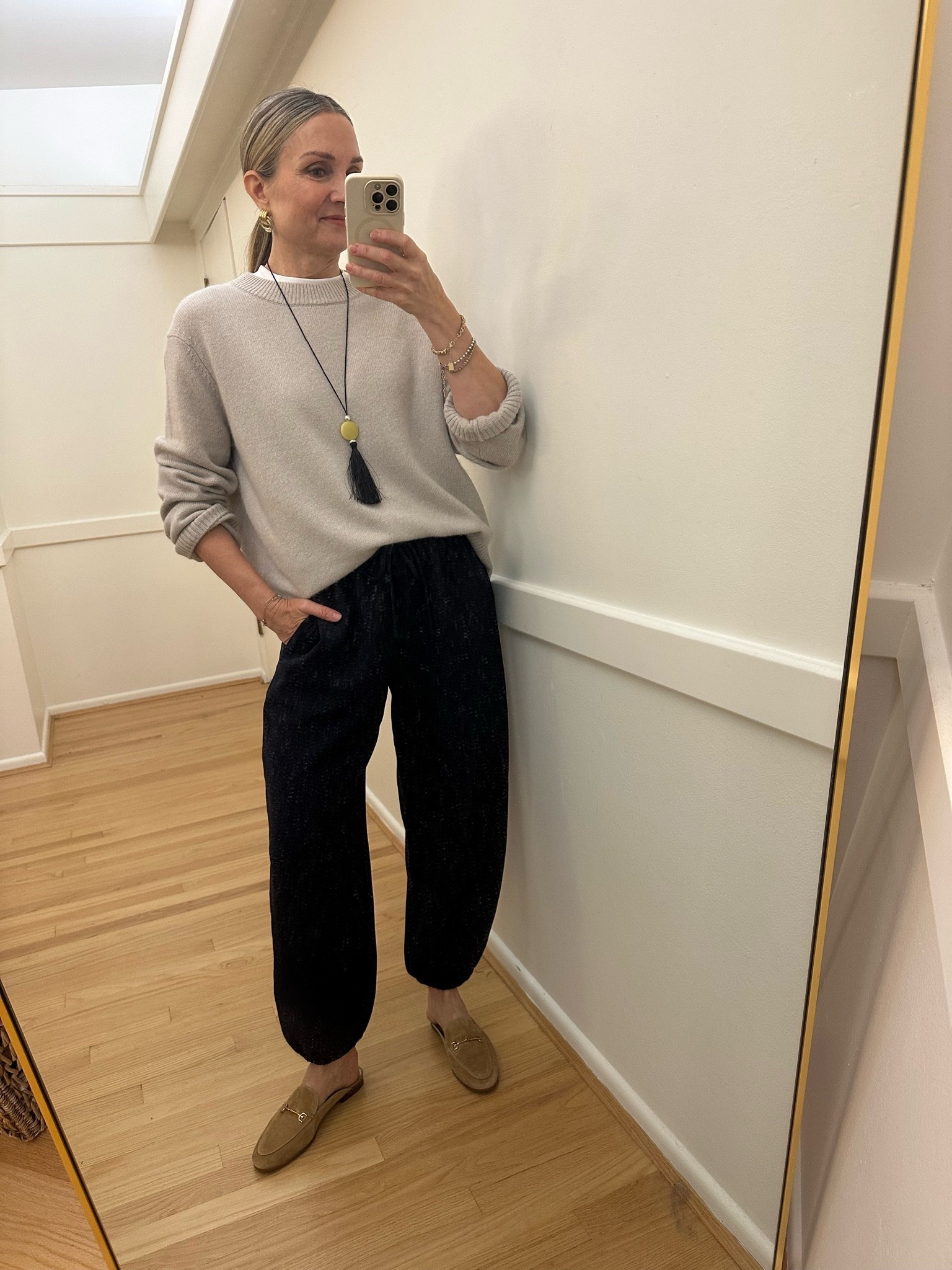 What I wore to church! @Quince cashmere crewneck with @Aritzia balloon pants and @samedelman loafer mules. 

I’m 5’6” and wear small in tops and small in pants.

#LTKootd #LTKOver40 #LTKWorkwear